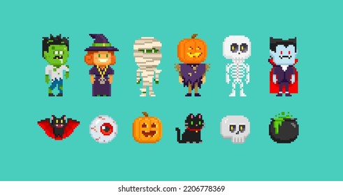 Pixel Art Halloween characters gesign. Mummy, Funny Witch, Zombie, Scarecrow, Skeleton, Dracula vampire in 8-bit retro computer game style. Happy Halloween editable vector collection