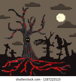 Pixel art Halloween dark background. Bright moon. Vector Illustration