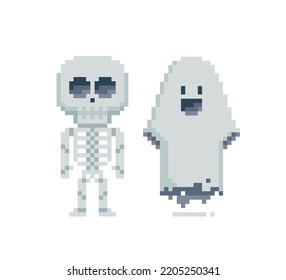 Pixel Art for Halloween design. 8-bit style Skeleton and Ghost isolated on white. Cartoon funny pixel skeleton. Pixel graphics Ghost in retro video game style