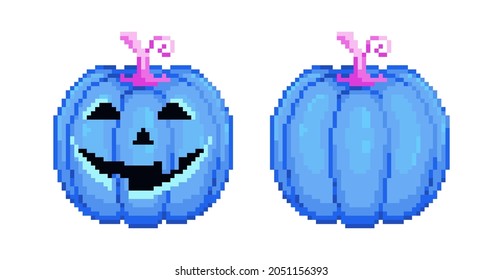 Pixel art Halloween Fun Blue Pumpkin set. Pixel jack halloween pumpkin lantern in 8 bit style. Vector icons of creepy toxic Blue pumpkin jack face. Jack o Lantern Halloween pixel Blue pumpkin.