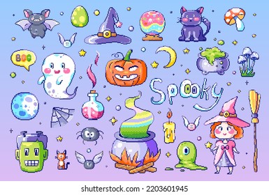 Pixel Art Halloween Geek Icon Set. 8bit Retro Game Sticker Elements Like Spooky Pumpkin, Witch, Cute Ghost, Cat, Bat, Magic Potion, Spider, Candle. Vector Graphic For Game, Stickers And Cross Stitch.