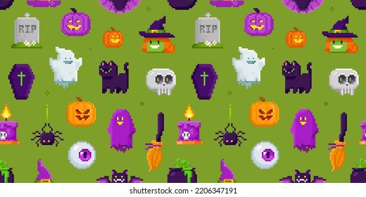 Pixel Art Halloween Green Seamless Pattern. 8-bit Witch, Ghost, Pumpkin, Bat, Night Cat And Other Characters In Retro Computer Game Style. Cute Endless Cartoon Background For Halloween Design