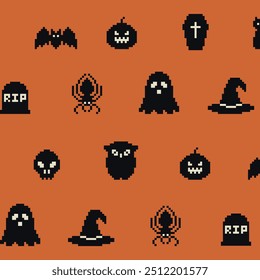 Pixel art Halloween green seamless pattern. 8-bit witch, ghost, pumpkin, bat, night cat and other characters in retro computer game style. Cute endless cartoon background for Halloween design