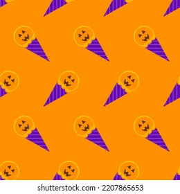 Pixel art halloween ice cream seamless pattern. Halloween background with 8 bit ice cream cone. Icon pumpkin ice cream. Retro design for wrapping paper, wallpaper, packing, fabric. Vector illustration