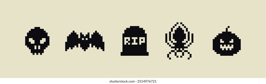 Pixel Art Halloween icons and objects. 8-bit pixel game graphics design. Halloween set of funny witch, hat, night cat, bat, potion,