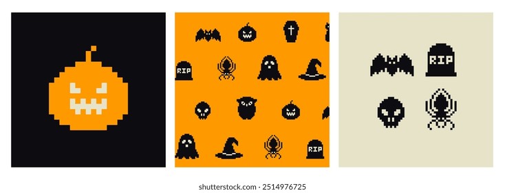 Pixel Art Halloween icons and objects. 8-bit pixel game graphics design. Halloween set of funny witch, hat, night cat, bat, potion,
