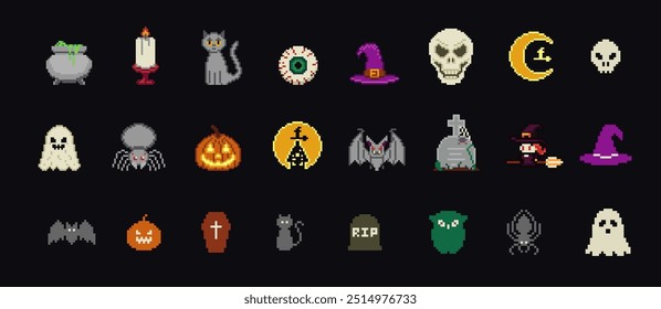 Ícones e objetos Pixel Art Halloween. design gráfico de jogo de 8 bits. Dia das Bruxas conjunto de bruxa engraçada, chapéu, gato da noite, morcego, poção,