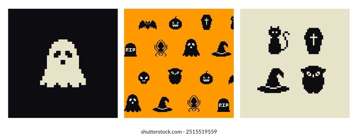 Pixel Art Halloween icons and objects. 8-bit pixel game graphics design. Halloween set of funny witch, hat, night cat, bat, potion,