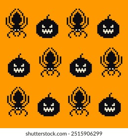 Pixel Art Halloween icons and objects background card. 8-bit pixel game graphics design. Halloween set of funny witch, hat, night cat, bat, potion,