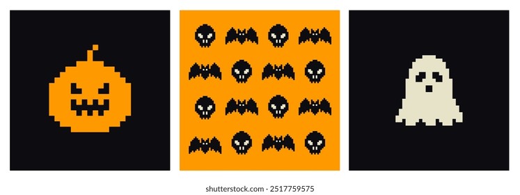 Pixel Art Halloween icons and objects. 8-bit pixel game graphics design. Halloween set of funny witch, hat, night cat, bat, potion,