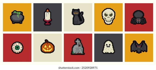 Pixel Art Halloween icons and objects background card. 8-bit pixel game graphics design. Halloween set of funny scull and bat illustrations