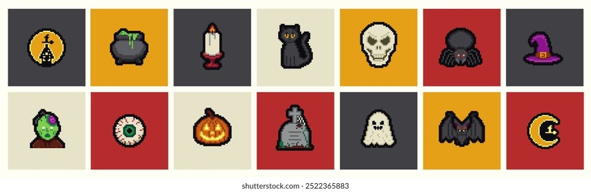 Pixel Art Halloween icons and objects background card. 8-bit pixel game graphics design. Halloween set of funny scull and bat illustrations