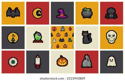 Iconos y objetos de Halloween de arte de píxeles tarjeta de fondo. Diseño de gráficos de juego de píxeles de 8 bits. Conjunto de Halloween de ilustraciones divertidas de calavera y murciélago