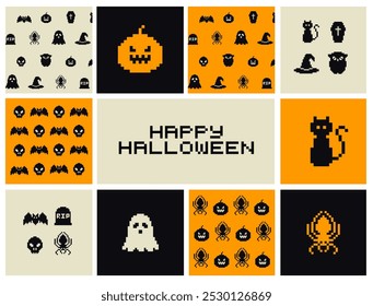 Iconos y objetos de Halloween de arte de píxeles tarjeta de fondo. Diseño de gráficos de juego de píxeles de 8 bits. Conjunto de Halloween de ilustraciones divertidas de calavera y murciélago