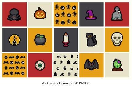 Iconos y objetos de Halloween de arte de píxeles tarjeta de fondo. Diseño de gráficos de juego de píxeles de 8 bits. Conjunto de Halloween de ilustraciones divertidas de calavera y murciélago