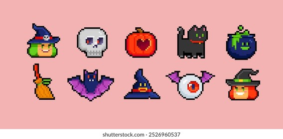 Pixel art Halloween icons set of funny witch, hat, night cat, bat, potion, pumpkin - editable vector in retro video game style