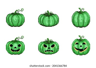 Pintura de Pixel Halloween jack lantern juego de calabazas verdes. Iconos de jugador de píxeles de estilo de 8 bits de la colección de calabazas de halloween verde tóxico. Pixel art halloween elementos de decoración vectorial pack.
