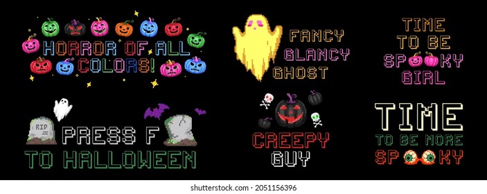 Pixel art Halloween lettering label collection. Halloween Quotes set with pixel art ghost, pumpkin jack, gravestone, pink pumpkin. Pixel letters. Old school 8 bit pixelated gamer design lettering.