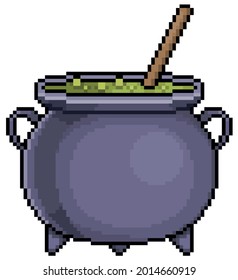 Pixel art halloween potion cauldron item for 8bit game on white background
