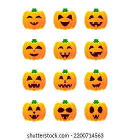 Pixel art halloween pumpkin icon set. 8 bit pumpkin in retro style. Halloween pumpkin lanterns isolated on white background. Template for banner, poster, party invitation. Vector illustration