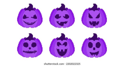Pixel art halloween pumpkin icon set. 8 bit pumpkin in retro style. Halloween pumpkin lanterns isolated on white background. Template for banner, poster, party invitation. Vector illustration