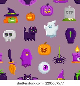 Pixel art Halloween purple seamless pattern. 8-bit witch, ghost, pumpkin, bat, night cat and other characters in retro computer game style. Cute endless cartoon background for Halloween design