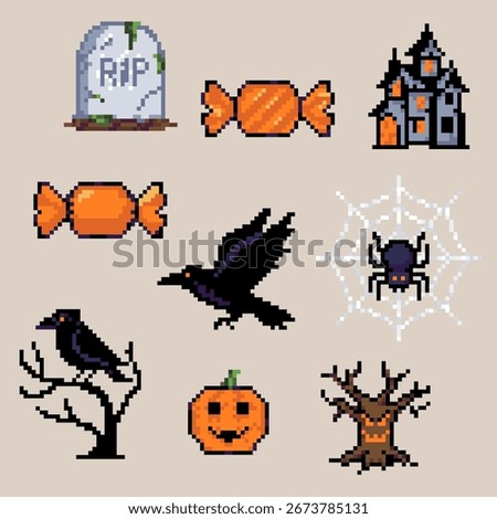 Pixel Art  Halloween Retro Collection Of Spooky Objects