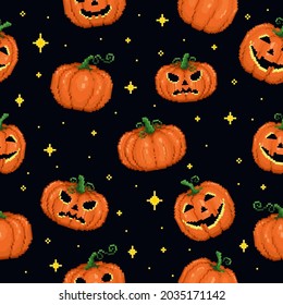 Pixel art halloween seamless pattern. 8 bit gamer retro style repeatable background with pumpkin and jack lantern. Vector pixel art pattern.