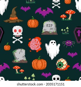 Patrón de halloween sin fisuras en el arte Pixel. fondo repetible de 8 bits estilo gamer retro con fantasmas, sangre, carne, calabaza, sombrero de bruja y tumba. Patrón de arte de píxeles vectoriales.