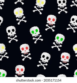 Pixel art halloween seamless pattern. 8 bit gamer retro style repeatable background with skulls and crossbones. Vector pixel art pattern.