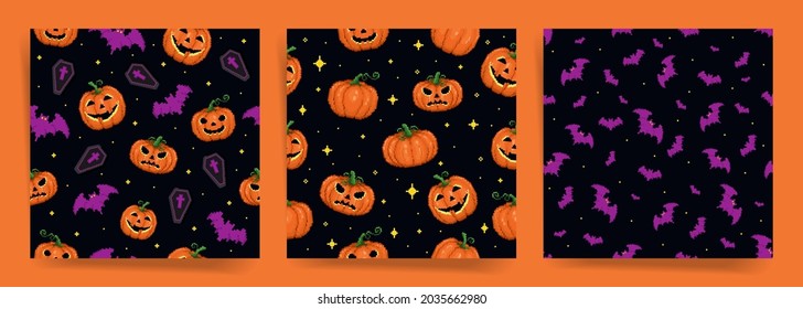 Pixel art halloween seamless pattern set. 8 bit game retro style repeatable backgrounds collection with scary stuff like jack o lanterns, bats, coffins and night stars. Vector pixel art surface set.