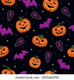 Pixel art halloween seamless pattern with bats, jack lantern pumpkins and coffins. 8 bit gamer retro style repeatable background spooky pumpkins, coffins and bats. Vector pixel art pattern tile.