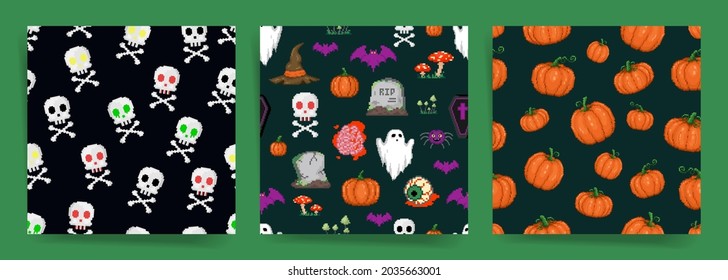 Pixel art halloween seamless pattern set. 8 bit retro style repeatable backgrounds collection with scary stuff like skulls and bones, ghosts, grave, brains and witch hats. Vector pixel art surface set