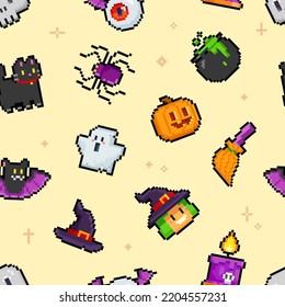 Pixel Art Halloween Seamless Pattern. 8-bit Witch, Ghost, Pumpkin, Bat, Night Cat And Other Characters In Retro Computer Game Style. Cute Endless Cartoon Background For Halloween Design