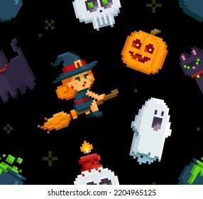 Pixel Art Halloween Seamless Pattern. 8-bit Witch, Ghost, Pumpkin, Bat, Night Cat And Other Characters In Retro Computer Game Style. Cute Endless Cartoon Background For Halloween Design