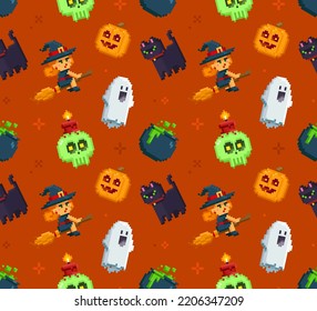 Pixel Art Halloween Seamless Pattern. 8-bit Witch, Ghost, Pumpkin, Bat, Night Cat And Other Characters In Retro Computer Game Style. Cute Endless Cartoon Background For Halloween Design