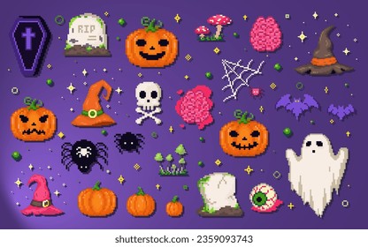 Pixel Art Halloween Set. 8bit Pixelated Halloween Stickers - Pumpkin, Ghost, Skull, Bat, Spider, Witch Hat, Creepy Tombstone, Spooky Mushrooms. 80s and Y2K Video Game Patterns for Halloween Decor.