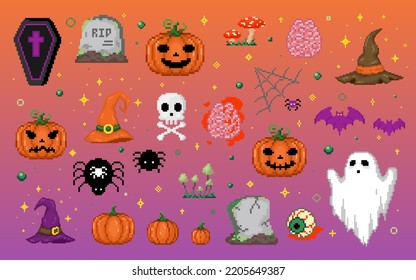 Pixel Art Halloween Set Horror Retro Stock Vector (Royalty Free ...