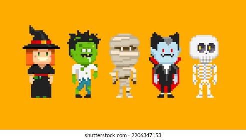 Pixel Art Halloween set of Mummy, Funny Witch, Zombie, Skeleton, Dracula vampire in 8-bit retro computer game style. Happy Halloween vector illustration