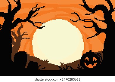 pixel art, Halloween theme with the concept of scary black shadows under a very beautiful orange sky and moon