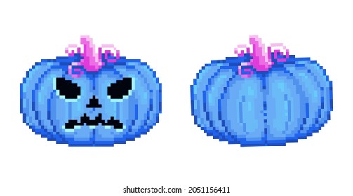 Pixel art Halloween Toxic Blue Spooky Pumpkin set. Pixel jack halloween pumpkin lantern in 8 bit style with angry face. Vector retro icon of scary Blue pumpkin face pixel art graphics.