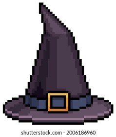 Pixel art halloween witch hat icon for 8bit game on white background.
