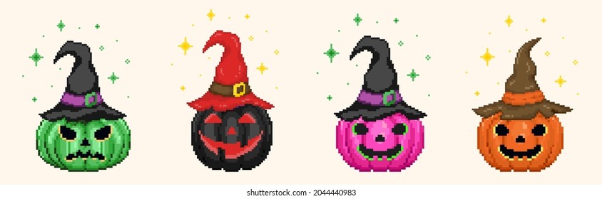 Pixel art halloween wizard pumpkins emoji set. 8 bit style retro illustration. Vector.