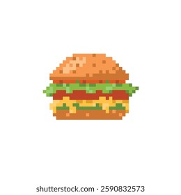 Pixel art hamburger icon. Fast food burger in 8 bit retro style. Cartoon mosaic sign of hamburger. Vector illustration in 90s design