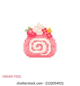Pixel art hanami cream roll icon. Vector 8 bit style illustration of japanese cake with cream. Pink cream roll with berries decorative oriental element of retro video game computer graphic.
