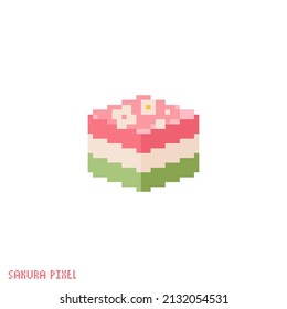 Pixel art hanami jelly cake icon. Vector 8 bit style illustration of japanese spring sweet jelly. Jelly pink cake decorative oriental element of retro video game computer graphic.