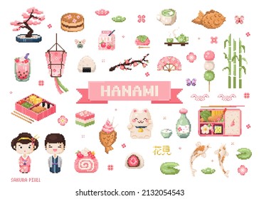 Pixel art hanami spring elements pack. 8 bit vintage video game style icons set like sakura tree, japanese sweet desserts, bento, tea, kimono, dango, fish cake, paper lantern. Vector cute pixel art.