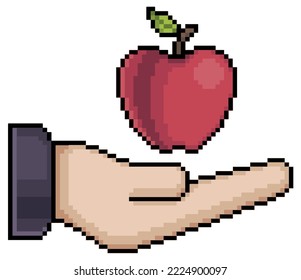 
Pixel art hand with apple vector icon for 8bit game on white background