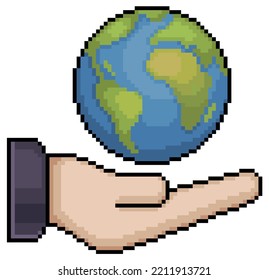 Pixel de mano de arte con planeta Tierra, globo terrestre icono vector para juego de 8 bits sobre fondo blanco
