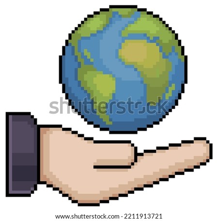 Pixel art hand with earth planet, terrestrial globe vector icon for 8bit game on white background
